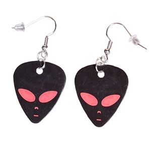 Alien Guitar Pick Earrings Surgical Stainless Steel Red & Black Lightweight